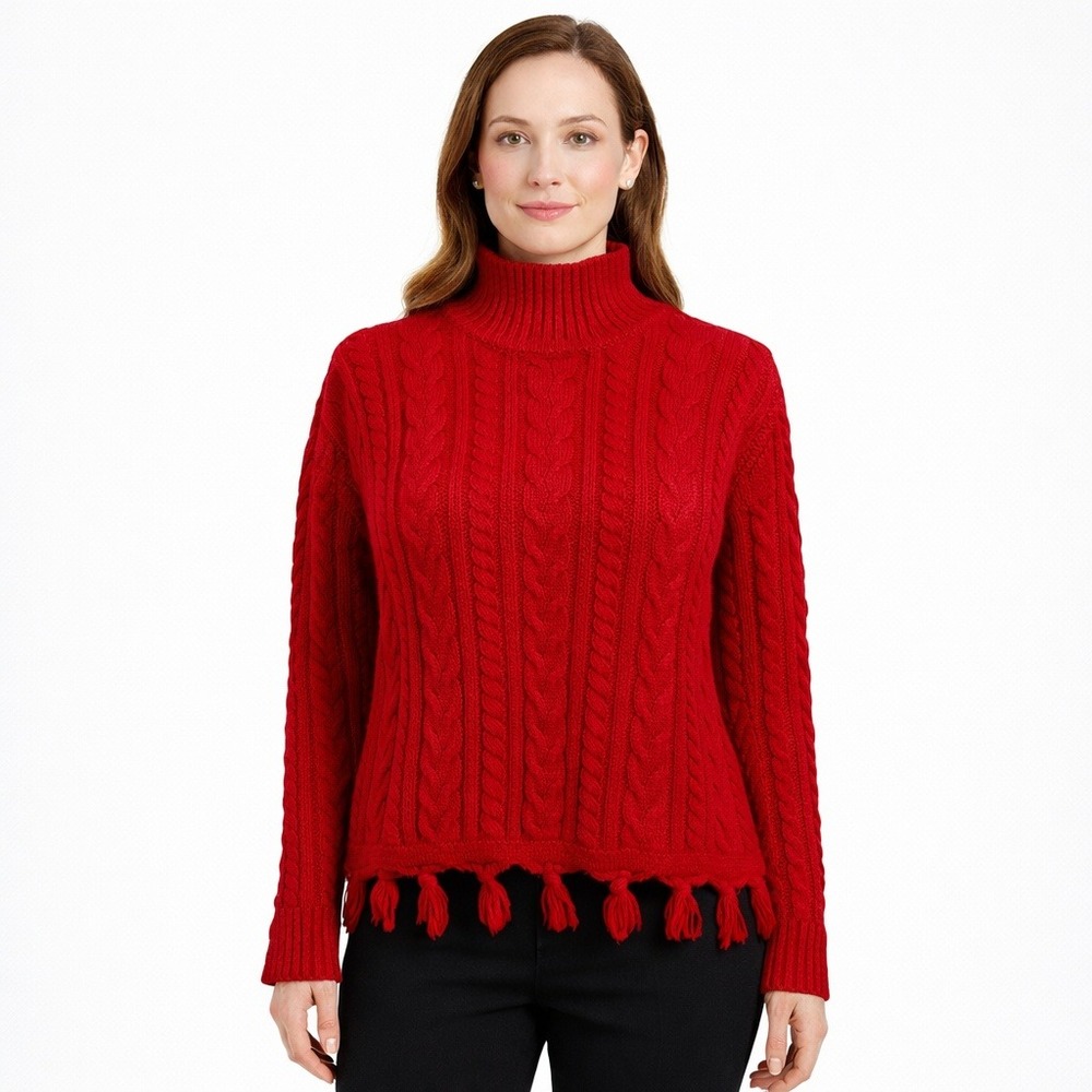 Emanuel Ungaro Women's Sweater Red‎ Cable Knit Mock Neck Cropped Fringe Large
